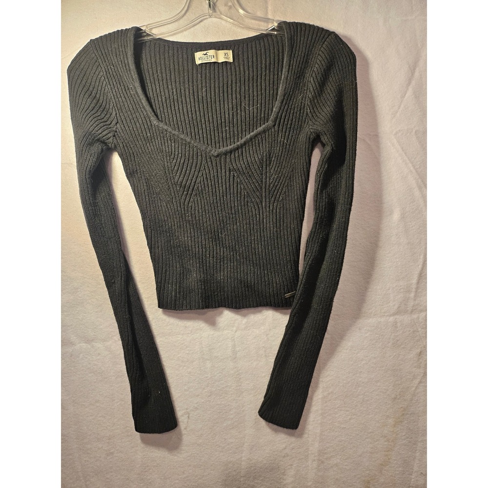 Hollister California Womens XS Black Ribbed Long Sleeve Scoop Neck Knit Top 4010